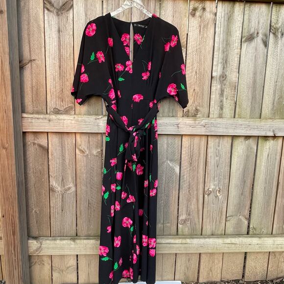 Zara Floral Jumpsuit Tie Waist Short Sleeve Slit Cropped Wide Leg Black Large - Picture 2 of 10